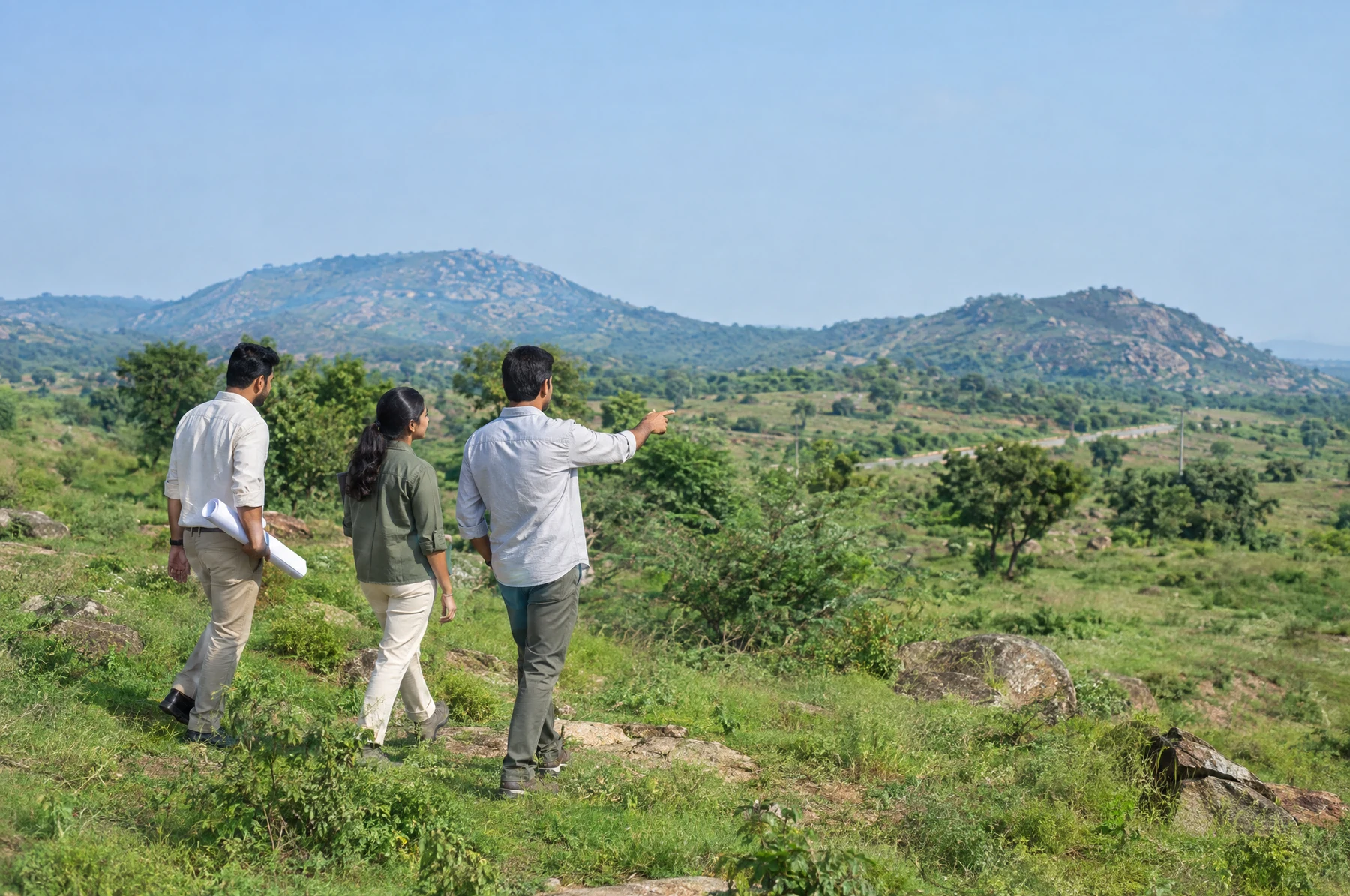 Illustrative view of project professionals assessing open land