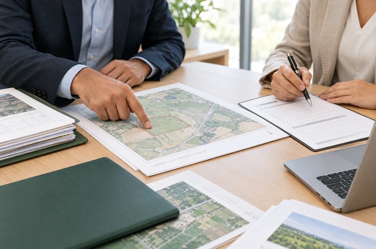 Illustration of land records and documents being reviewed