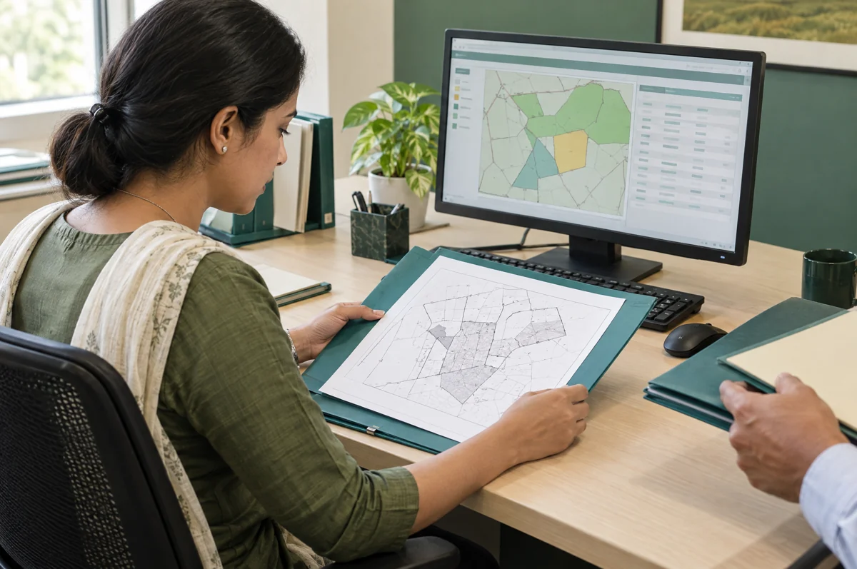 Illustration of land records and parcel maps being compared
